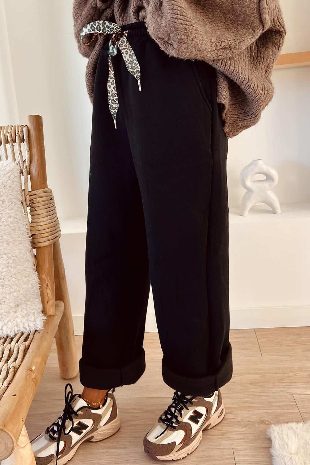 Coffee Fleece Lined Leopard Drawstring Elastic Waist Solid Pants