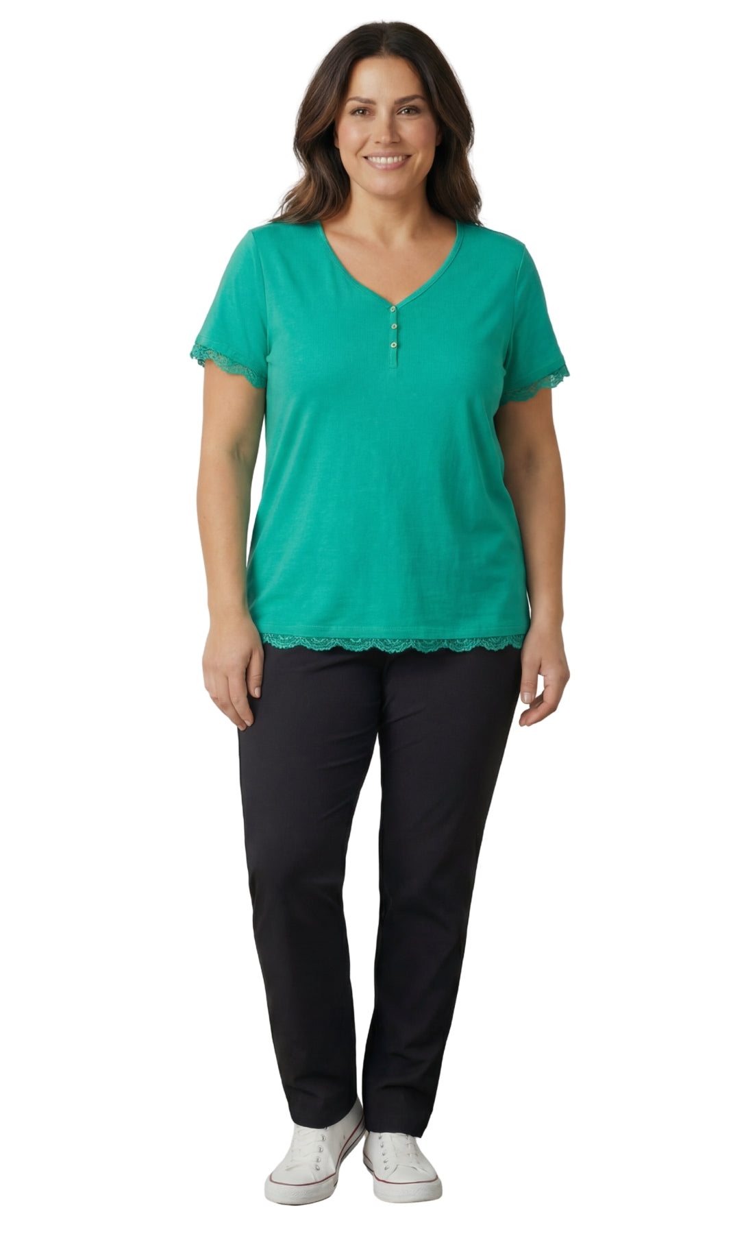 Women's V-neck Short Sleeve Tshirt with A Three Button Placket