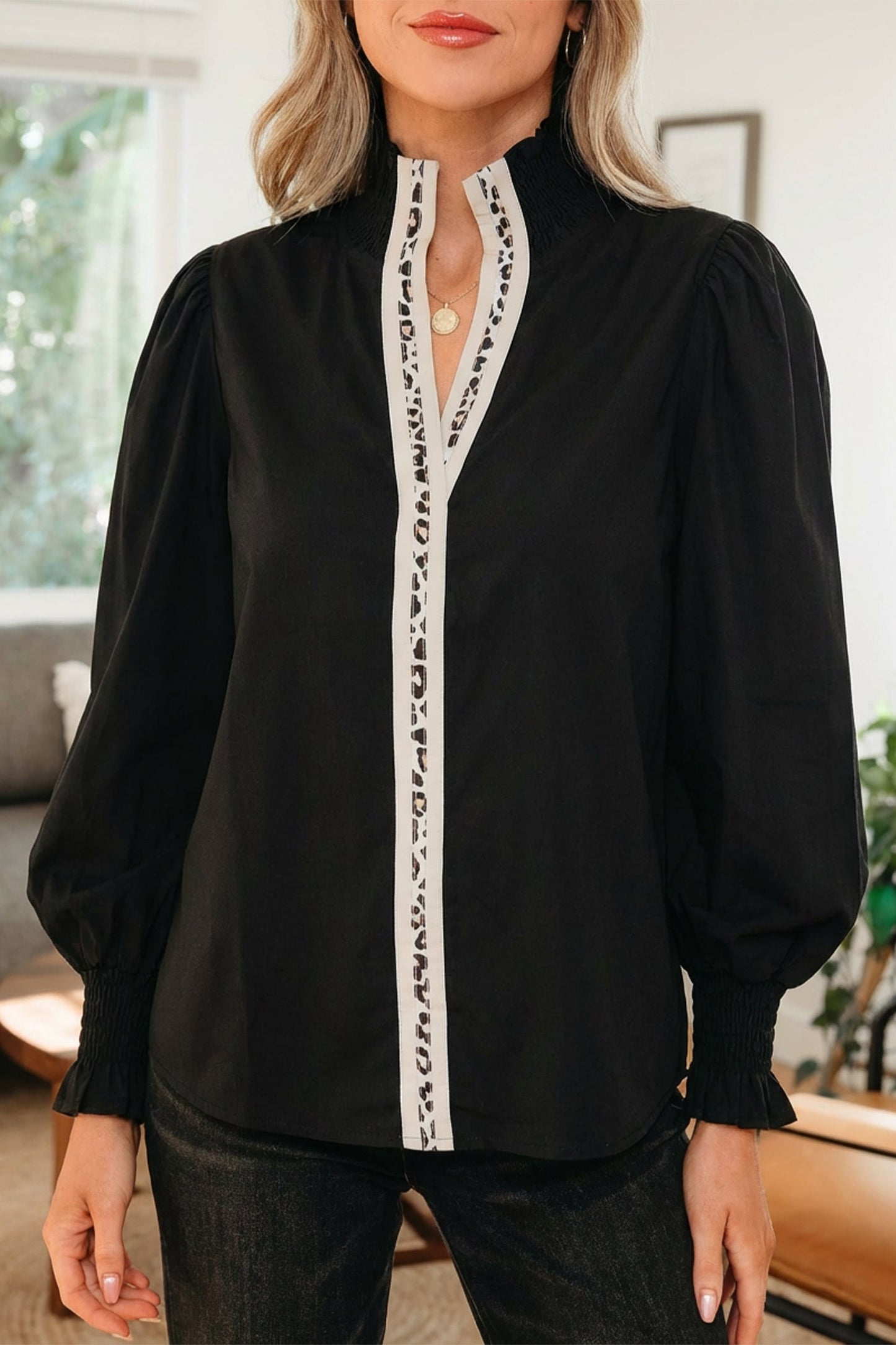 Black Puffy Flounce Sleeve Leopard Trim V Neck Blouse