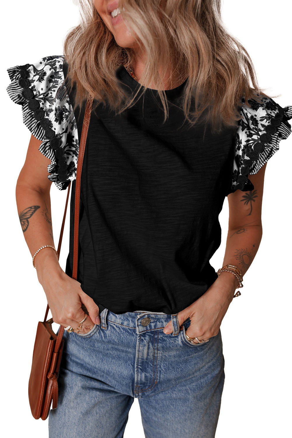 Rose Floral Striped Patchwork Flutter Sleeve Blouse