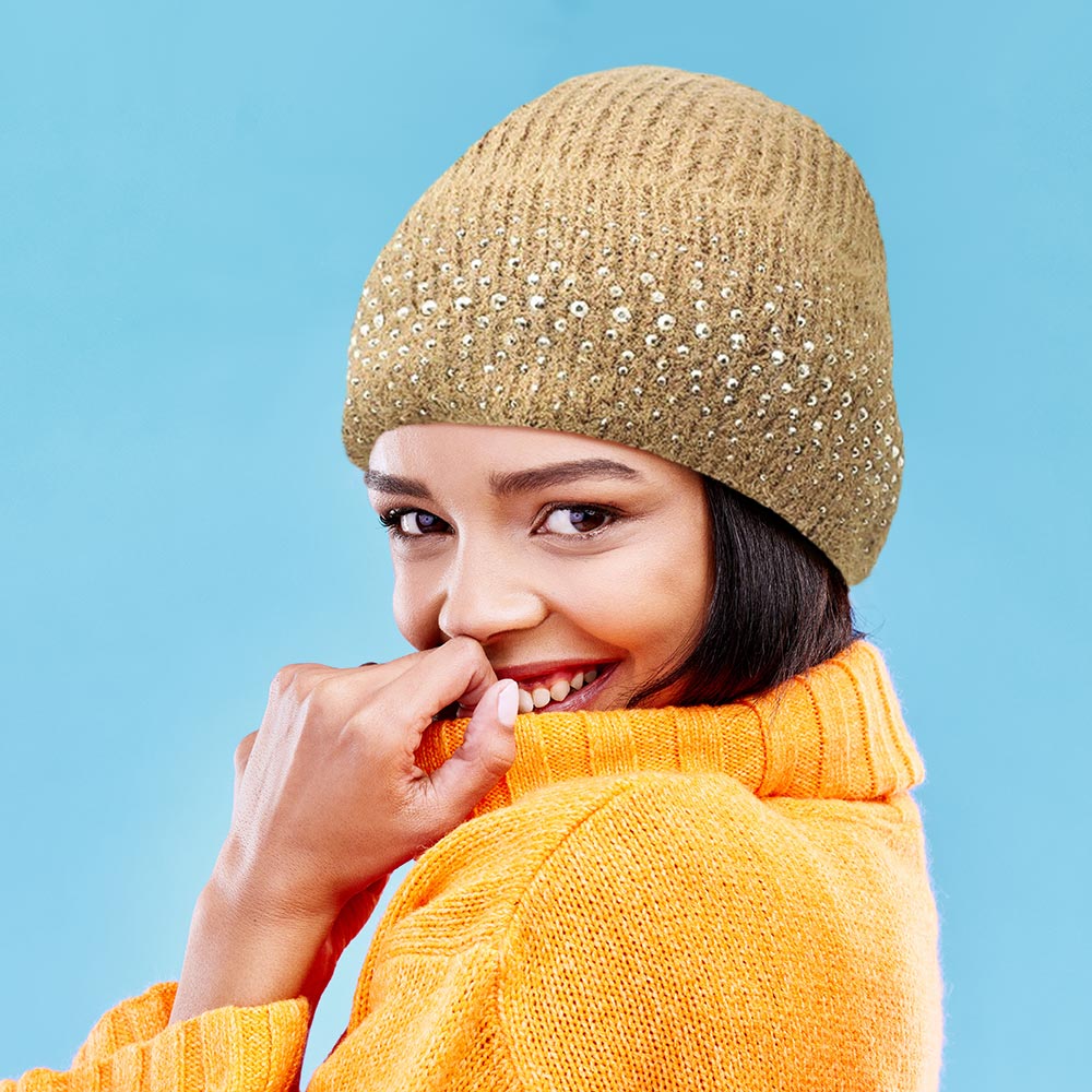 Fleece Lining Rhinestone Embellished Beanie Hat