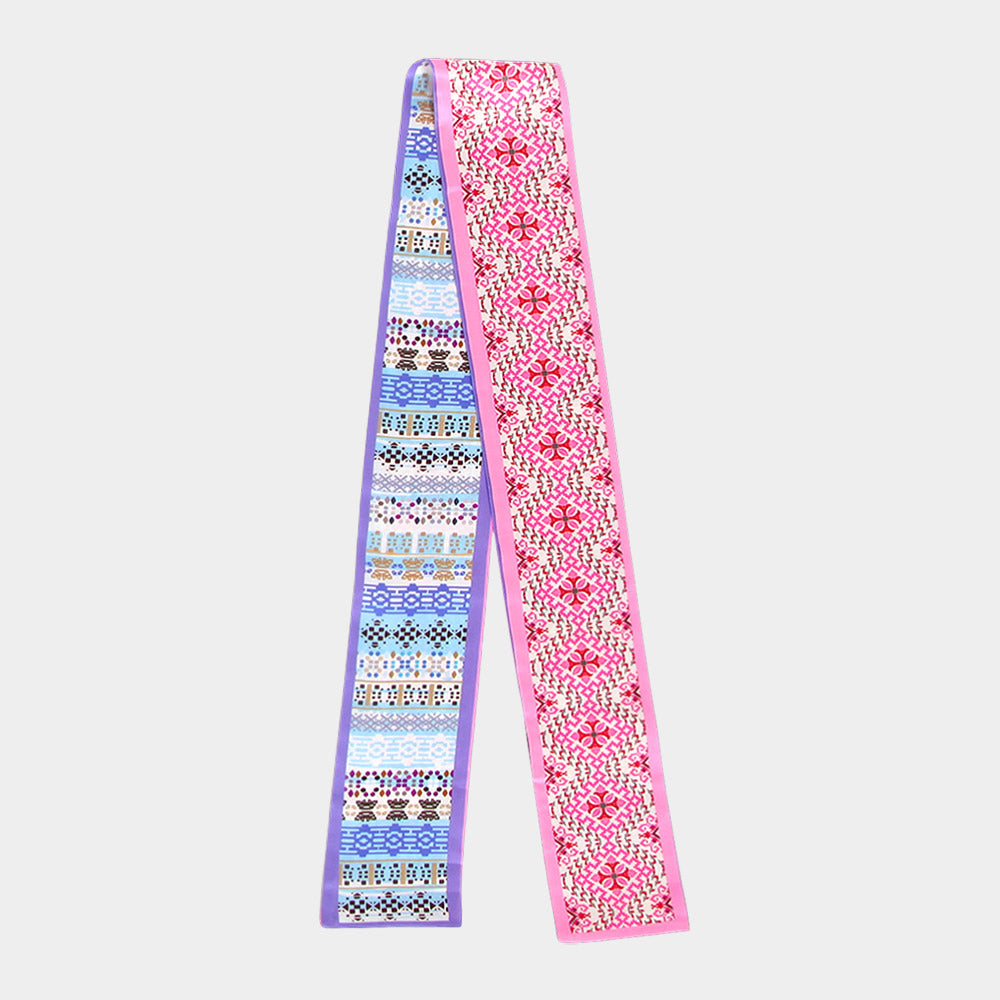 Geometric Jacquard Pattern Print Silk Feel Twilly Skinny Scarf