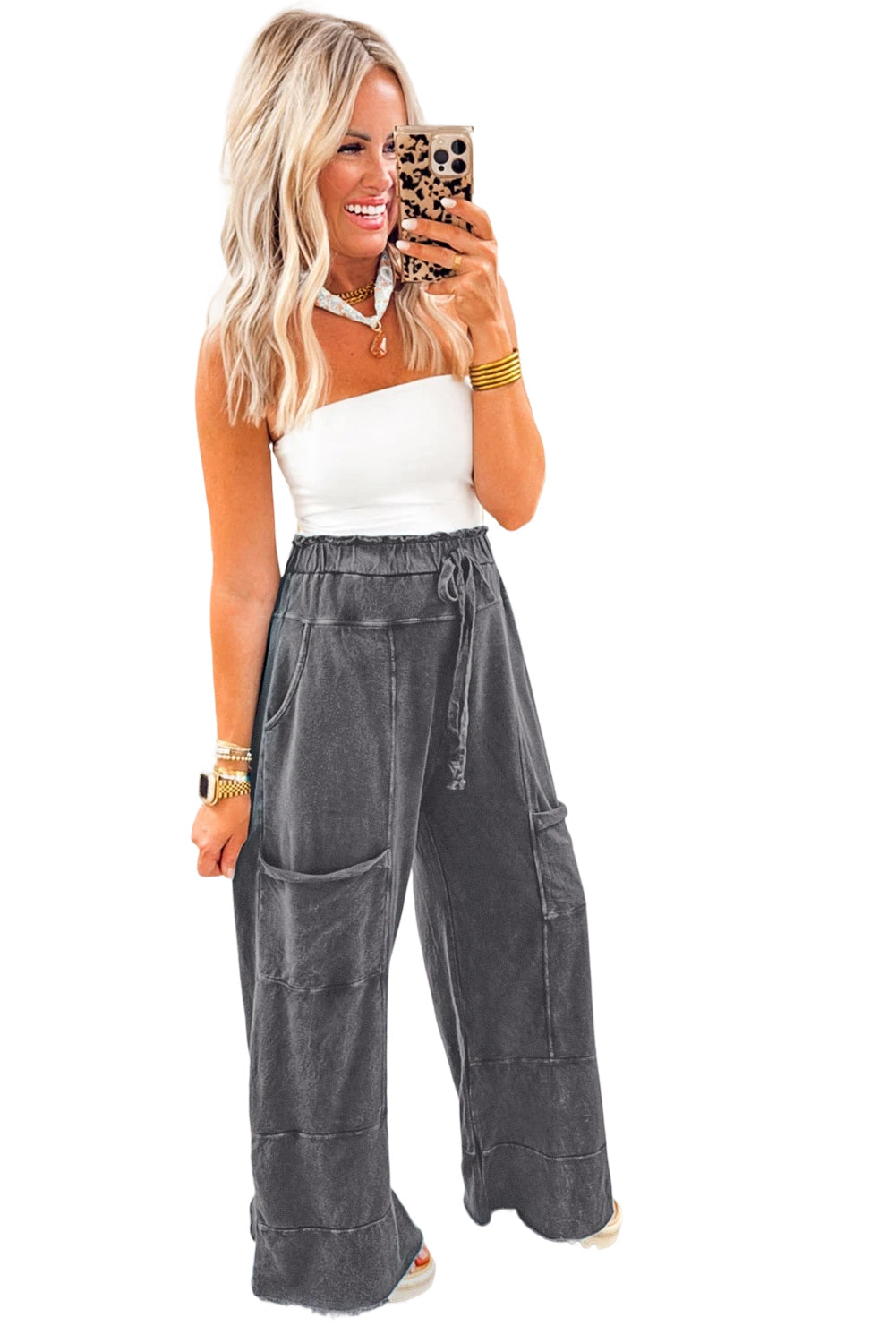 Wild Ginger Mineral Wash Knot High Waist Raw Hem Pants