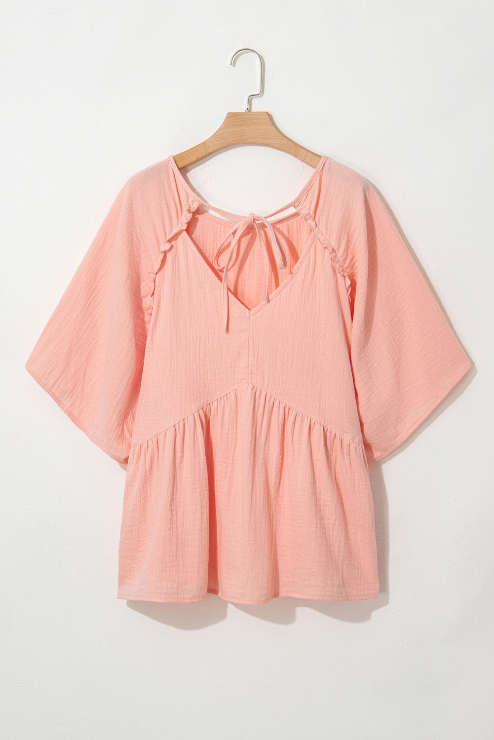 Apricot Pink Plus Size Crinkle Flounce Sleeve Babydoll Blouse
