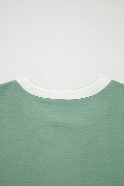 Smoke Green Color Block Patchwork V Neck Embroidered Puff Sleeve Babydoll Blouse