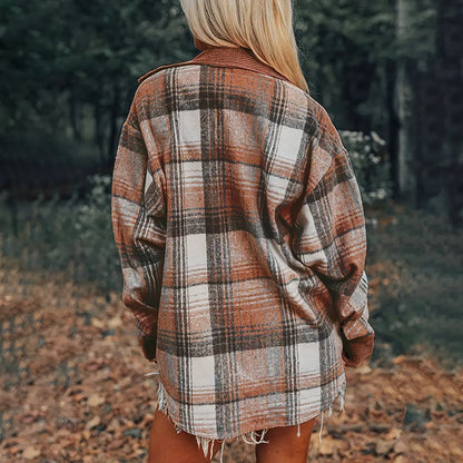Women's Notch Lapel Check Print Long Sleeve Shirt