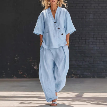 V-Neck Short Sleeve Top & High-Waist Trousers Two-Piece Set