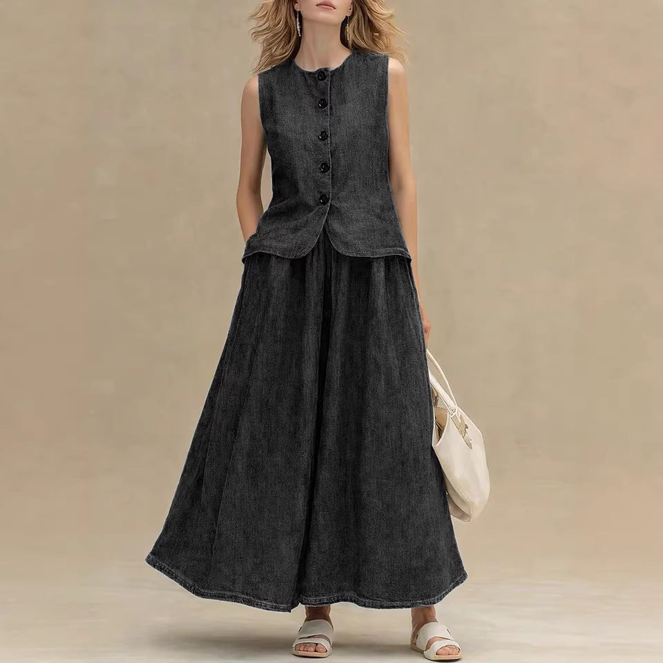 Women’s Crew Neck Denim Top and High-Waist A-Line Skirt Set