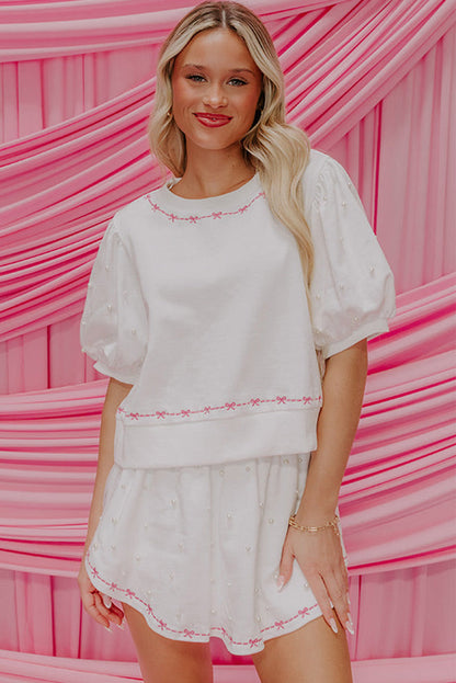 Pink Sweet Bow Trim Pearl Embellished Blouse and Skort Set