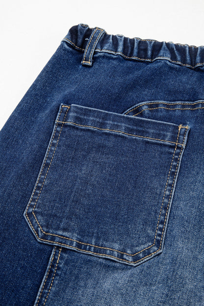 Prussian Blue Drawstring Seam Detail Raw Hem Wide Leg Denim Pants
