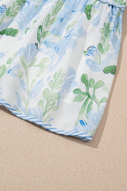 Sky Blue Floral Contrast Edge Layered Short Sleeve Mini Dress