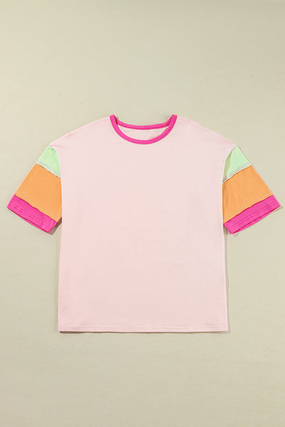 Pink Color Block Sleeve Round Neck Oversize Top