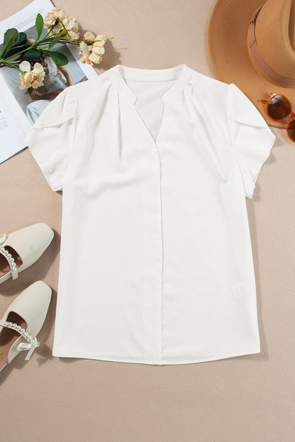 Rose Red Silky Notched Neckline Petal Sleeve Blouse