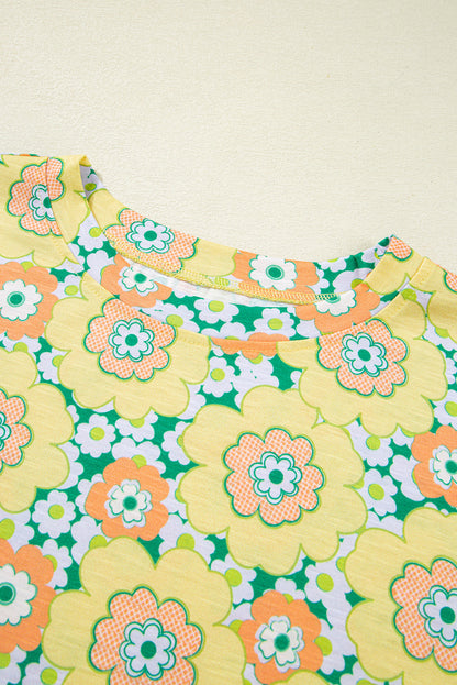 Yellow Summer Flower Print Drop Shoulder Loose T Shirt
