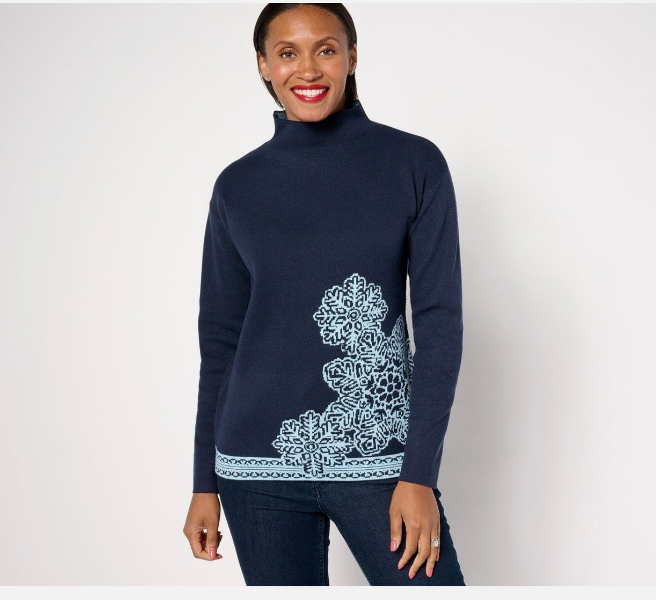 Denim & Co. Jacquard Funnel Neck Snowflake Sweater