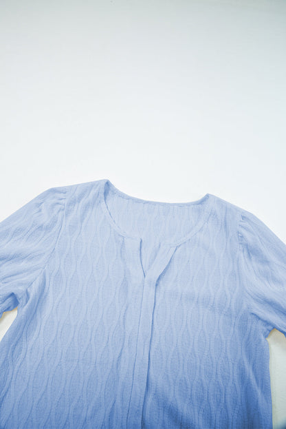 Beau Blue Solid Color Textured Notched Neck Puff Sleeve Blouse