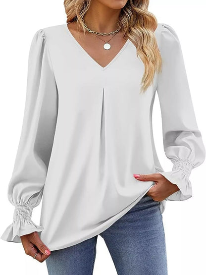 V-Neck Long Sleeve Ruffle Cuff Blouse