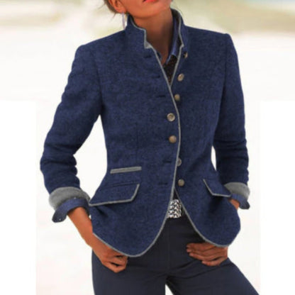 Women’s Color-Block Woolen Jacket – Multi-Button Casual Elegant Coat