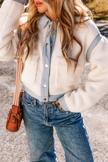 Solid Contrast Trim Buttoned Sherpa Jacket