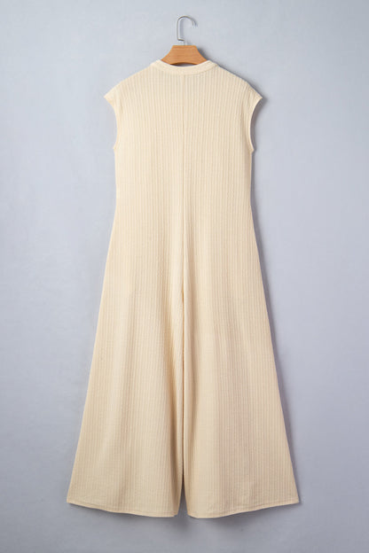 Jet Stream Half Buttons Ribbed Knit Wide Leg Jumpsuit