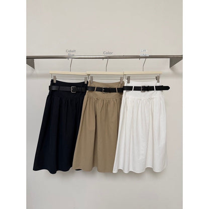 Relaxed A-Line Crushed Pleat Cotton Midi Skirt with Belt