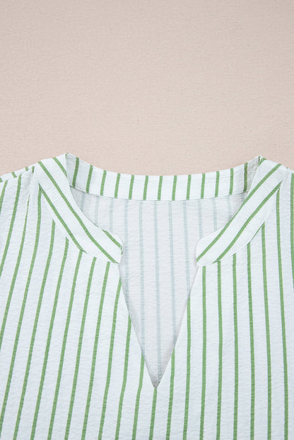 Green Stripe Flower Puff Sleeve Notched V Neck Babydoll Blouse