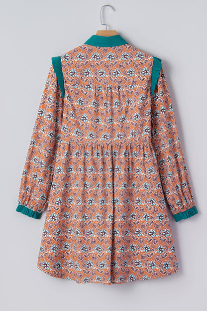 Orange Boho Floral Contrast Collared Shirt Mini Dress
