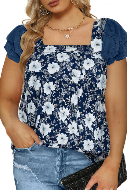 Blue Floral Print Square Neck Lace Patchwork Sleeve Blouse