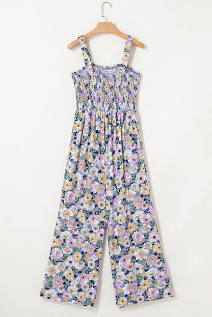Green Floral Square Neckline Stretch High Waist Jumpsuit