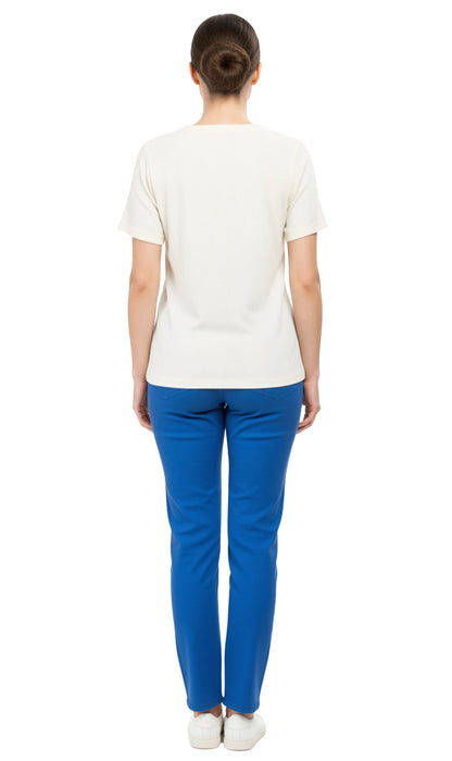 Women's Textured Knit T-shirt with Jewel Neckline and Short Sleeves