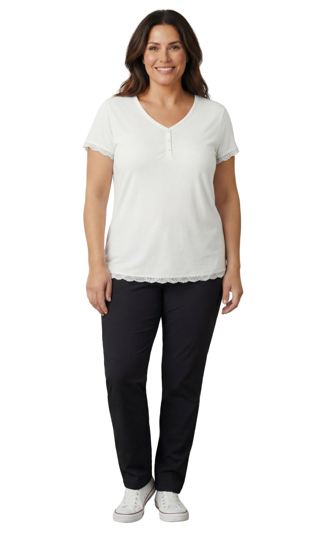 Women's V-neck Short Sleeve Tshirt with A Three Button Placket