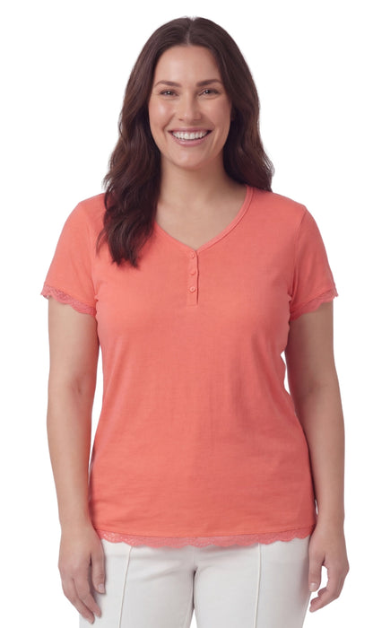 Women's V-neck Short Sleeve Tshirt with A Three Button Placket