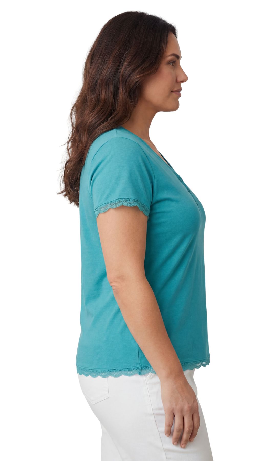 Women's V-neck Short Sleeve Tshirt with A Three Button Placket