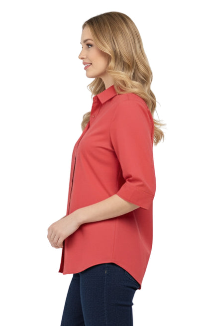Womens Regular Fit 3/4 Sleeve Button Down Collared Camp Shirt