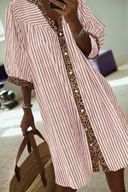 Khaki Stripe Square Button Leopard Trim Loose Bracelet Sleeve Shirt Dress