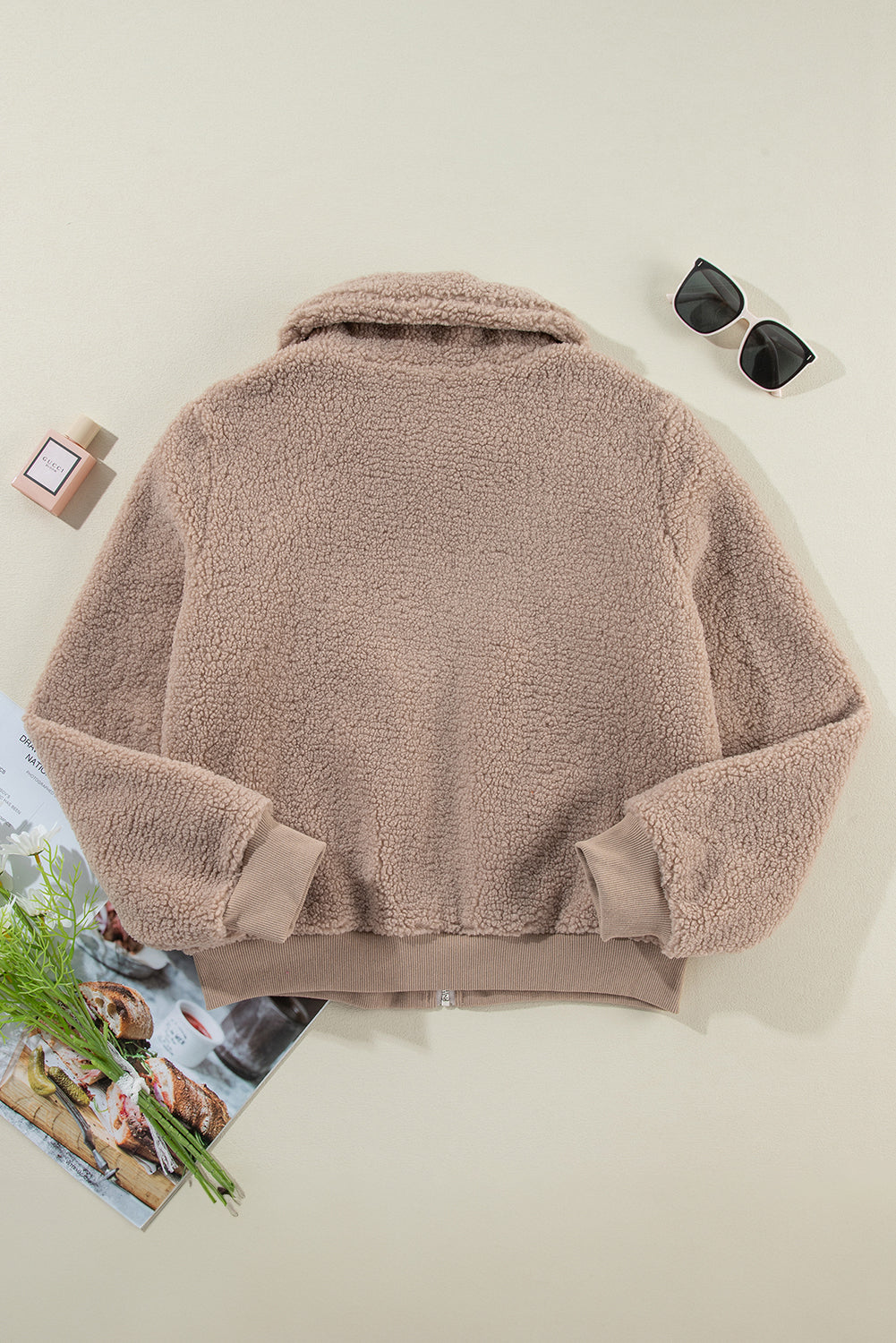 Solid Zip-Up Pocketed Fuzzy Jacket