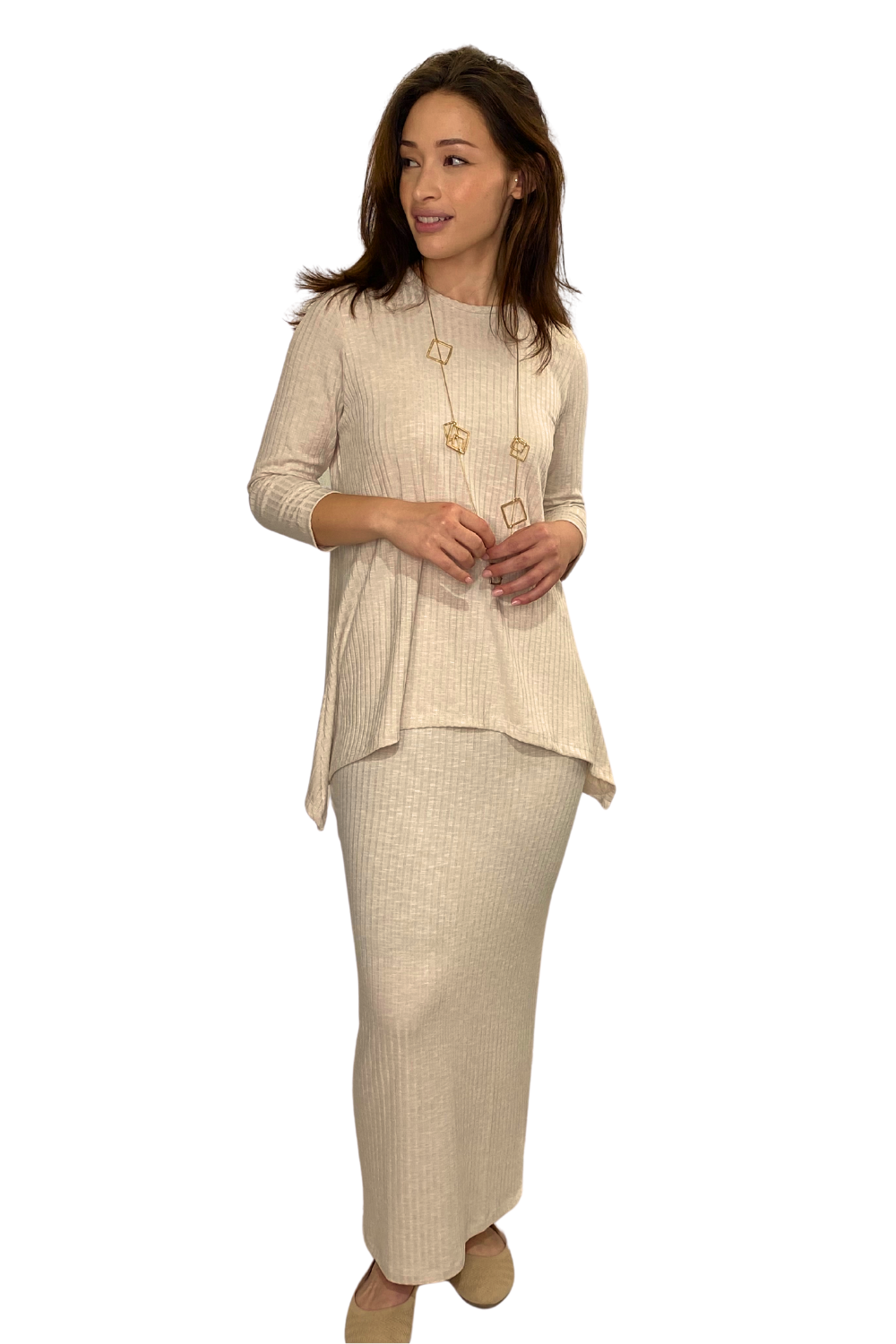 Popular Wide-Ribbed Handkerchief Hem Tunic with 3/4 Sleeves