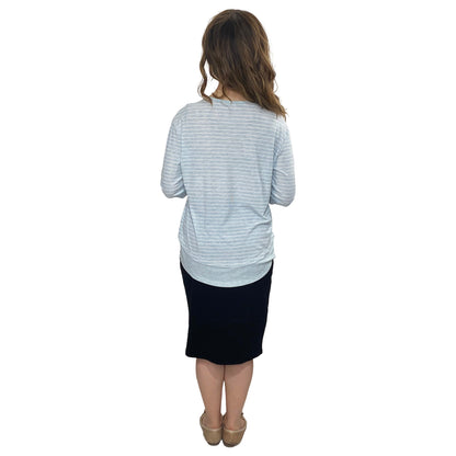 3/4 Sleeve Modest Striped Rib Knit Top with Solid Panel - Hip Length Casual Comfort