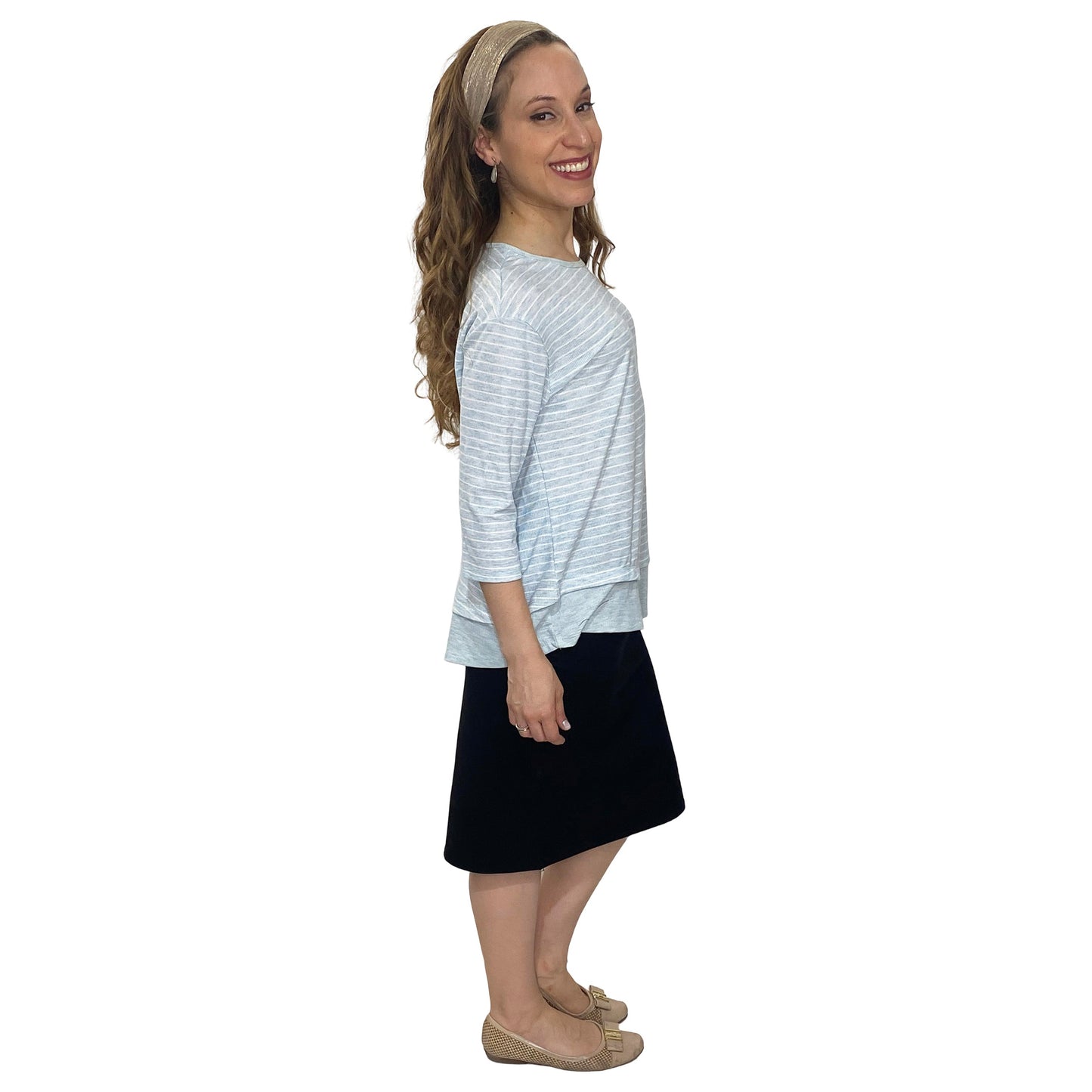 3/4 Sleeve Modest Striped Rib Knit Top with Solid Panel - Hip Length Casual Comfort