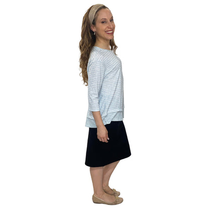 3/4 Sleeve Modest Striped Rib Knit Top with Solid Panel - Hip Length Casual Comfort