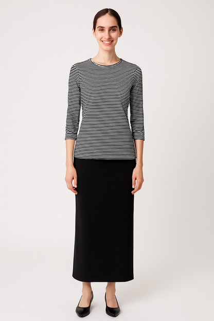 High Neck Fitted Tee - Lightweight Ribbed Top with Three Quarter Sleeves