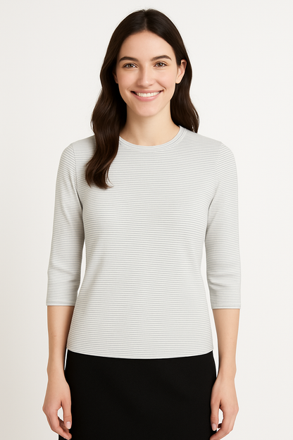High Neck Fitted Tee - Lightweight Ribbed Top with Three Quarter Sleeves