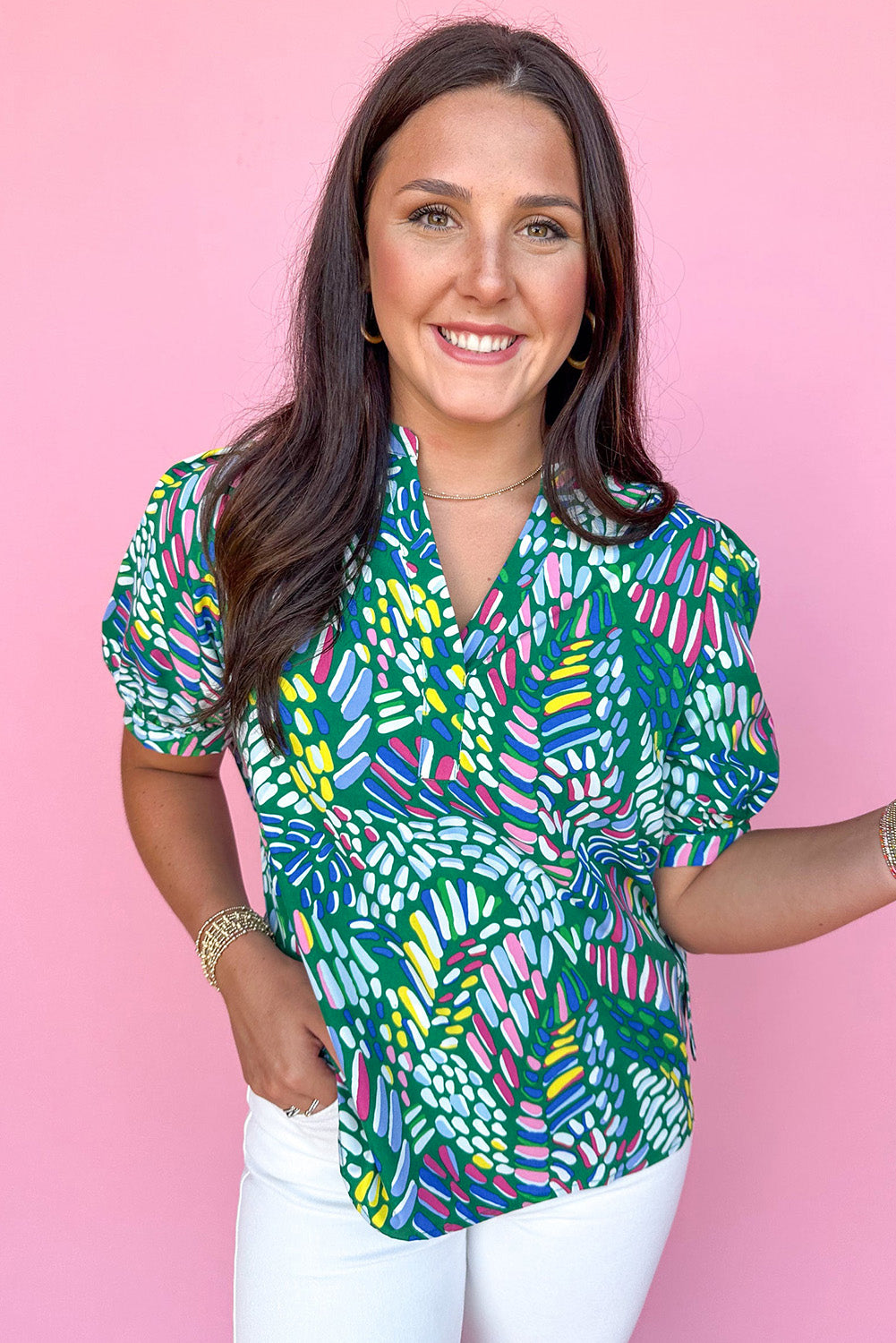 Green Geometric Print Puff Sleeve Notched Neck Blouse