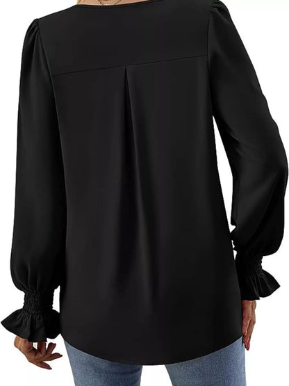 V-Neck Long Sleeve Ruffle Cuff Blouse