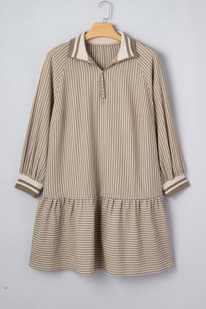 Khaki Stripe Zip up Collared Puff Sleeve Ruffled Plus Size Mini Dress