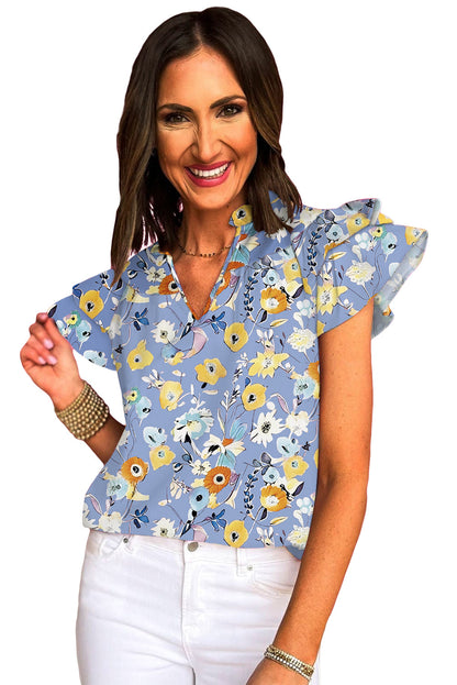 Sky Blue Flutter Sleeve Frill V Neck Floral Top