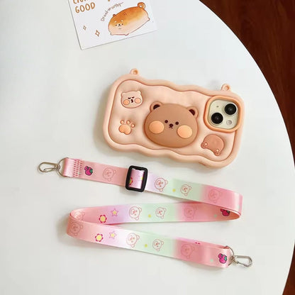 Kawaii Cartoon Case For iPhone 16 15 14 Plus 13 12 Pro Max Soft Silicone Stand Holder Cover With Strap