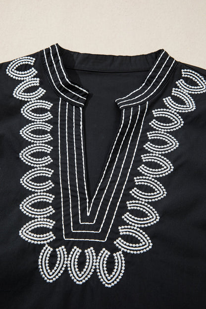 Embroidered V-Neck Short Puff Sleeve Blouse