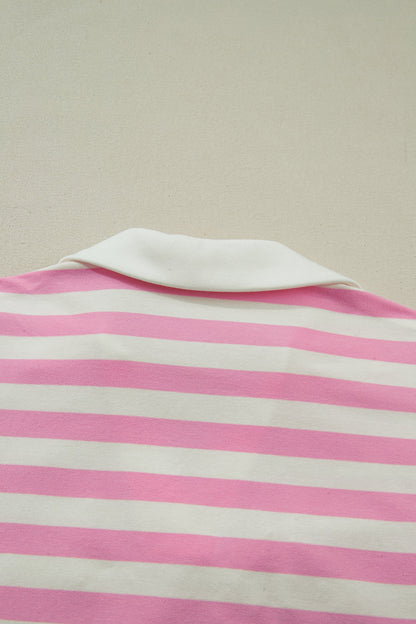 Pink Stripe Collar V Neck Ruffled Short Sleeve Blouse