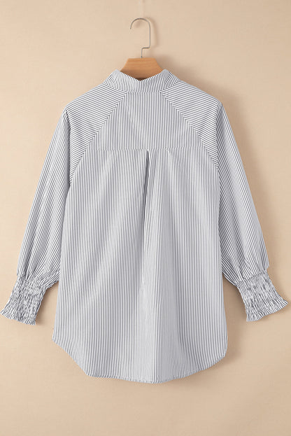 Blue Stripe Striped Casual Shirred Cuffs Shirt